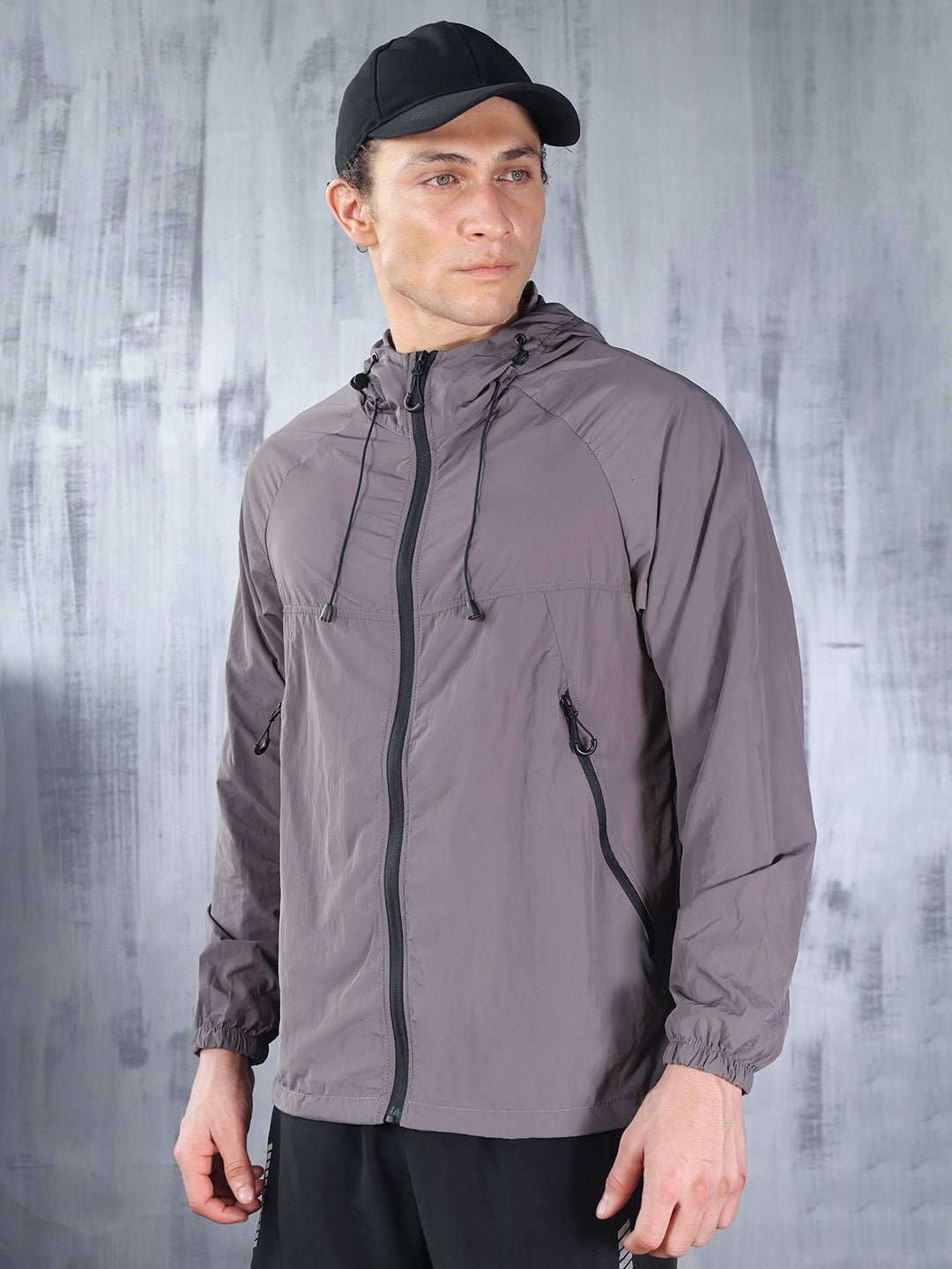 Men Grey Hooded Windcheater Oversized Sports Jacket