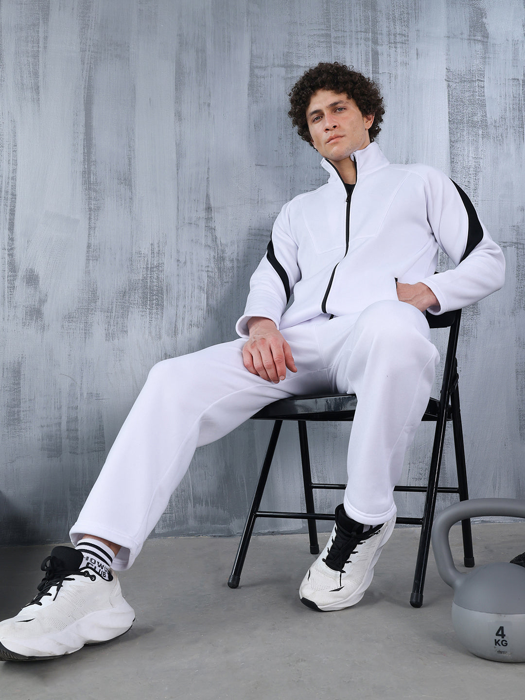 Men White Black Full Zipper Winter Tracksuit