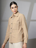 Women Winter Wear Solid Corduroy Casual Shacket