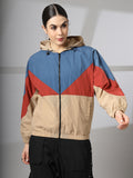 Women Colourblocked Hooded Windcheater Oversized Sports Jacket