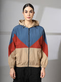 Women Colourblocked Hooded Windcheater Oversized Sports Jacket