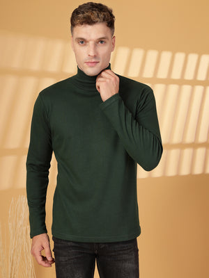 Men Bottle Green Winter Wear Regular Fit High Neck T Shirt | CHKOKKO