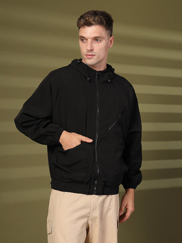 Men Winter Sports Oversized Windcheater Hooded Jacket Black