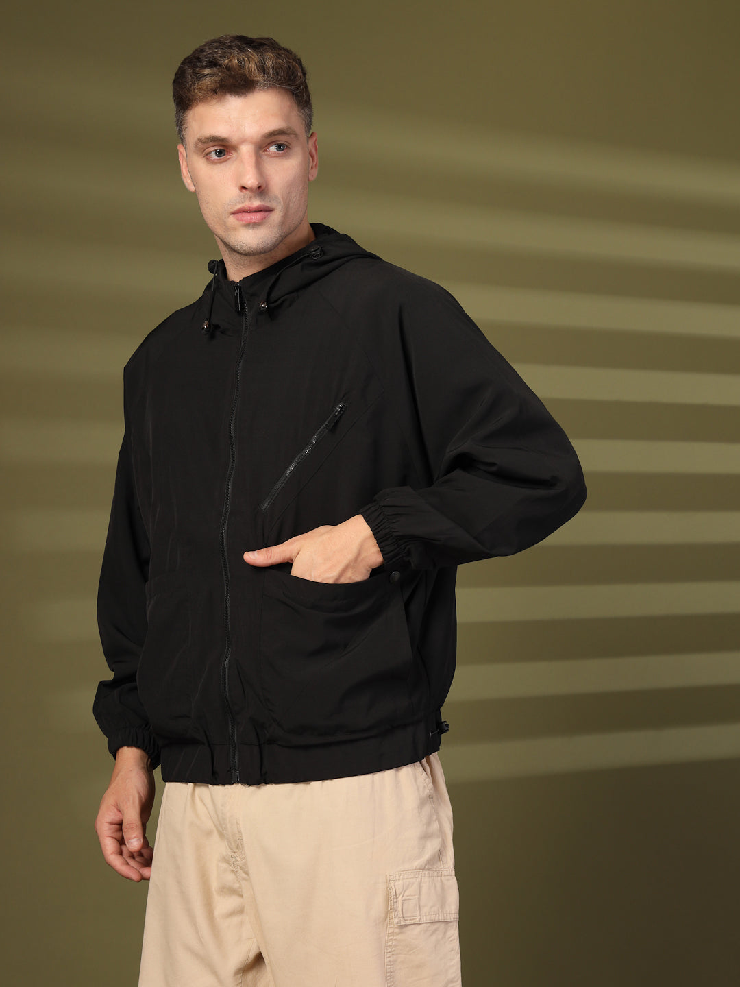 Men Winter Sports Oversized Windcheater Hooded Jacket Black