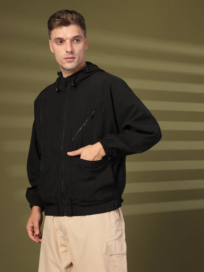 Men Winter Sports Oversized Windcheater Hooded Jacket Black