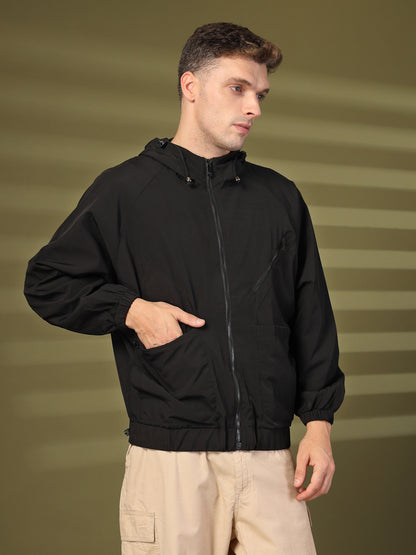 Men Winter Sports Oversized Windcheater Hooded Jacket Black