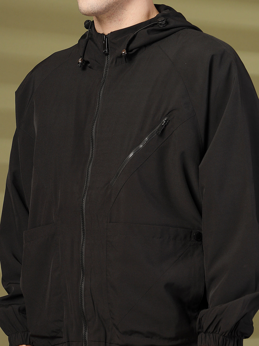 Men Winter Sports Oversized Windcheater Hooded Jacket Black