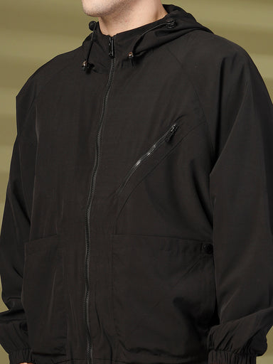 Men Winter Sports Oversized Windcheater Hooded Jacket Black