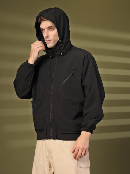 Men Winter Sports Oversized Windcheater Hooded Jacket Black