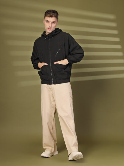 Men Winter Sports Oversized Windcheater Hooded Jacket Black