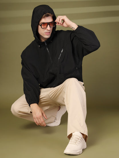 Men Winter Sports Oversized Windcheater Hooded Jacket Black
