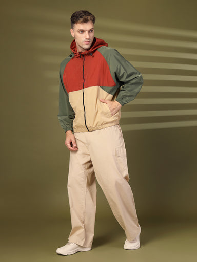 Men Colourblocked Hooded Windcheater Oversized Sports Jacket