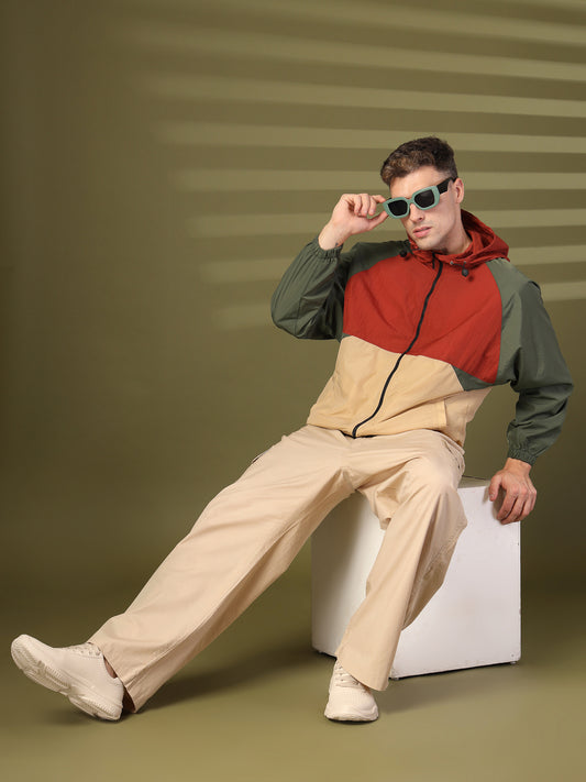 Men Rust Beige Olive Hooded Windcheater Oversized Sports Jacket
