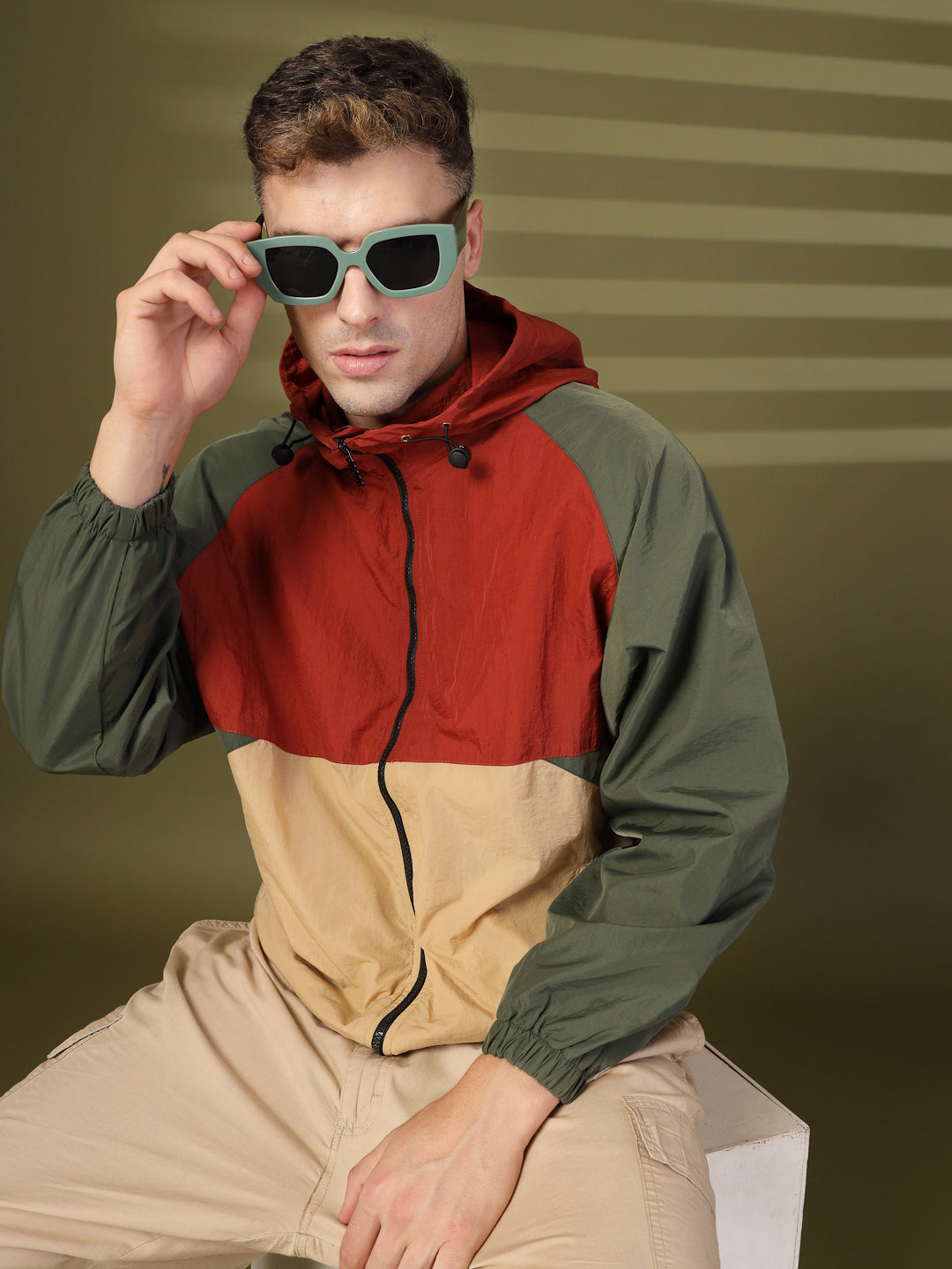 Men Rust Beige Olive Hooded Windcheater Oversized Sports Jacket