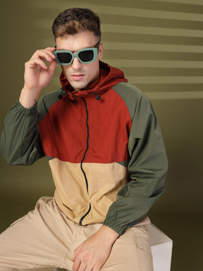Men Rust Beige Olive Hooded Windcheater Oversized Sports Jacket