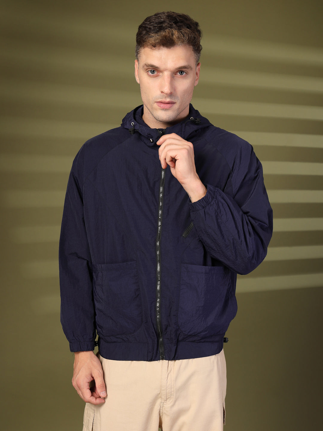 Men Winter Sports Oversized Windcheater Hooded Jacket Navy