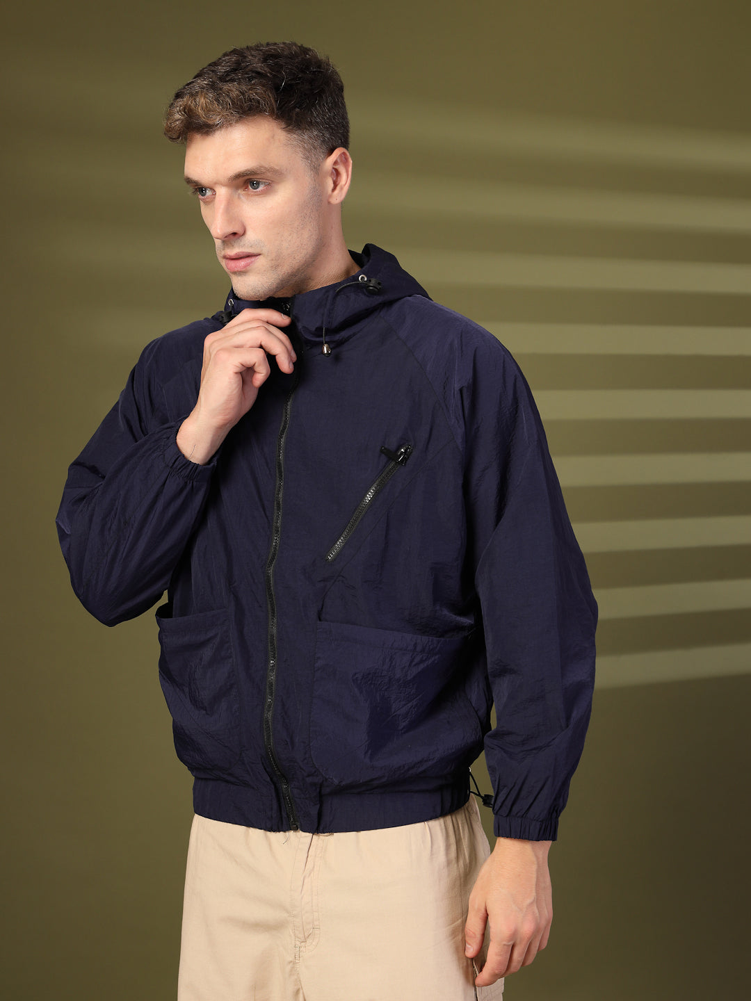 Men Winter Sports Oversized Windcheater Hooded Jacket Navy