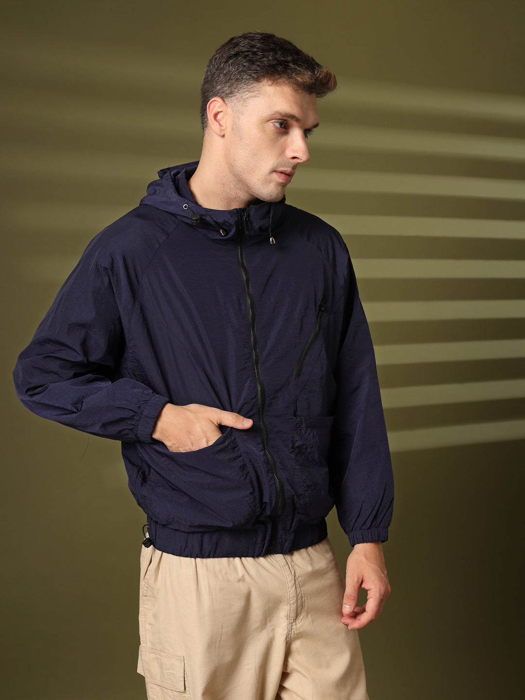 Men Winter Sports Oversized Windcheater Hooded Jacket Navy