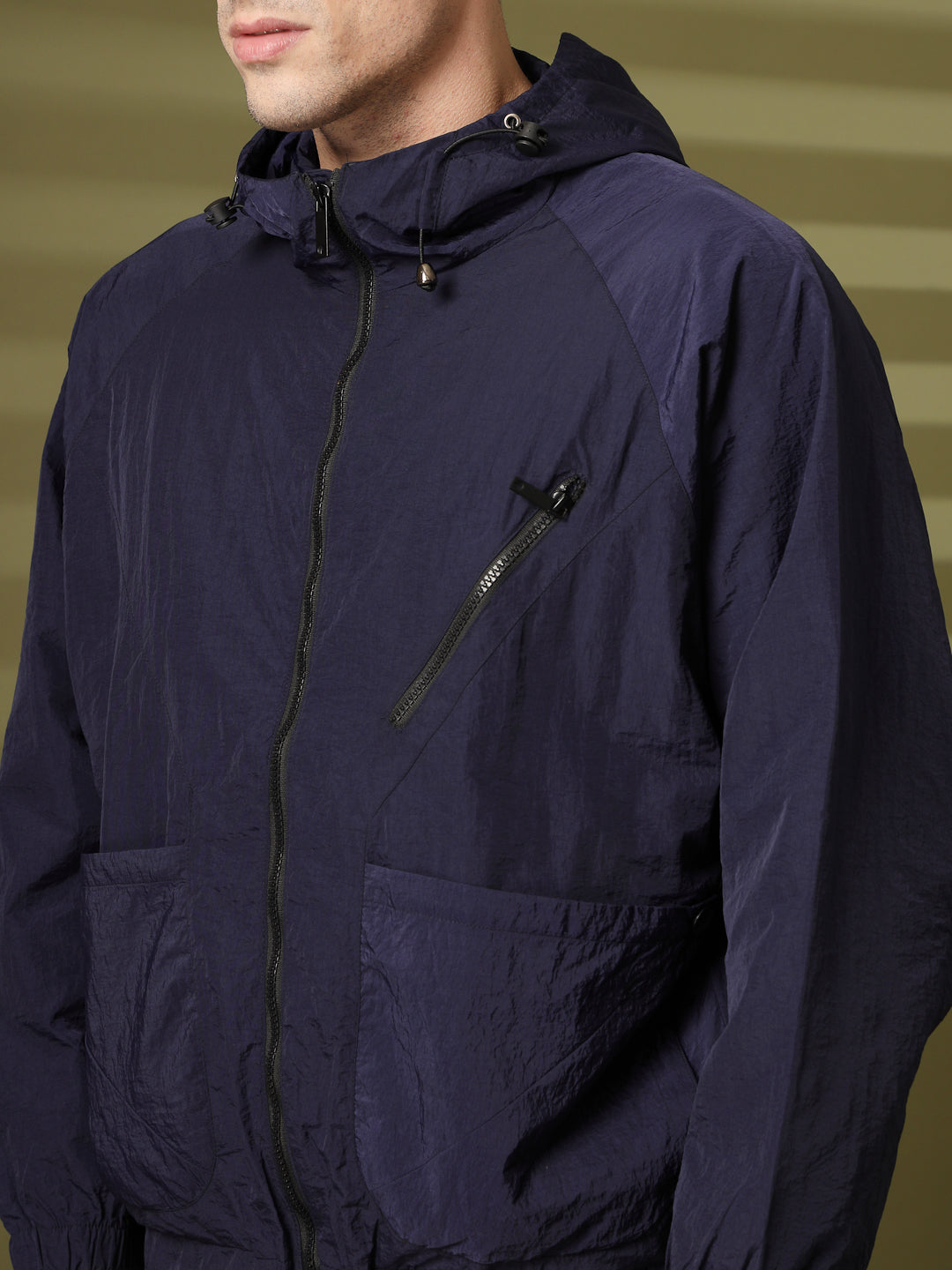 Men Winter Sports Oversized Windcheater Hooded Jacket Navy