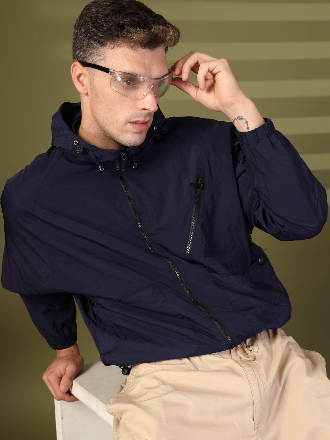 Men Winter Sports Oversized Windcheater Hooded Jacket Navy