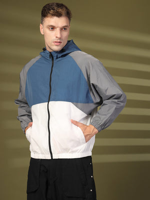 Men Colourblocked Hooded Windcheater Oversized Sports Jacket