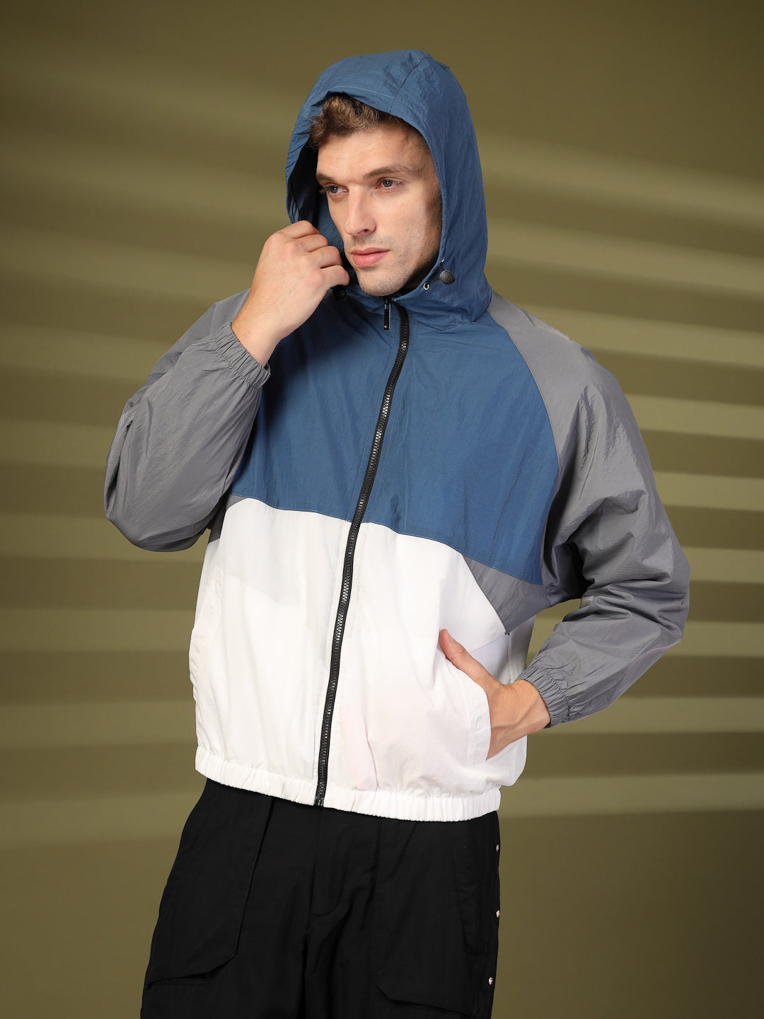 Men Blue White Grey Hooded Windcheater Oversized Sports Jacket