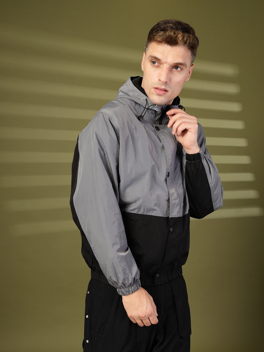 Men Grey Black Hooded Windcheater Oversized Sports Jacket