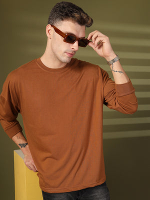 Men Golden Brown Oversized Full Sleeve Round Neck Tshirt