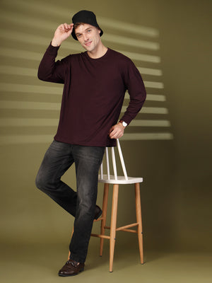 Men Violet Oversized Full Sleeve Round Neck Tshirt