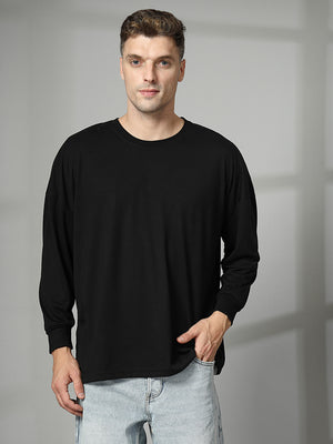 Men Black Oversized Full Sleeve Round Neck Tshirt