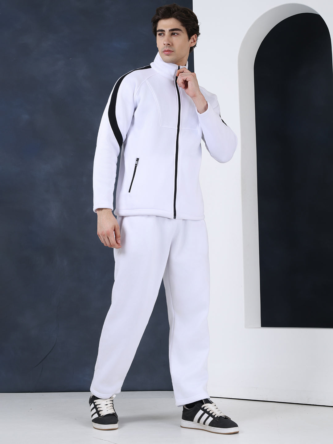Men White Black Full Zipper Winter Tracksuit
