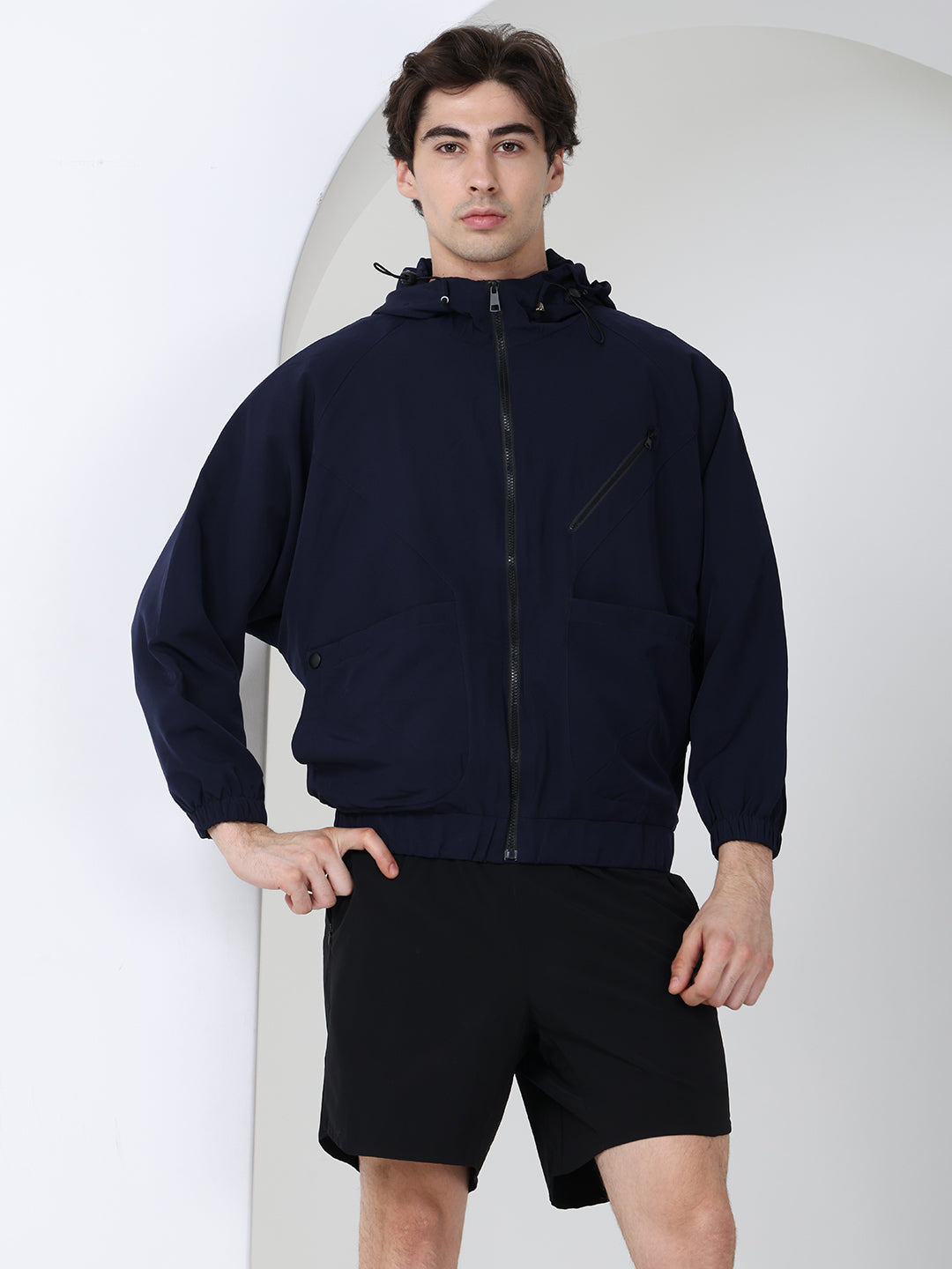 Men Winter Sports Oversized Windcheater Hooded Jacket Navy