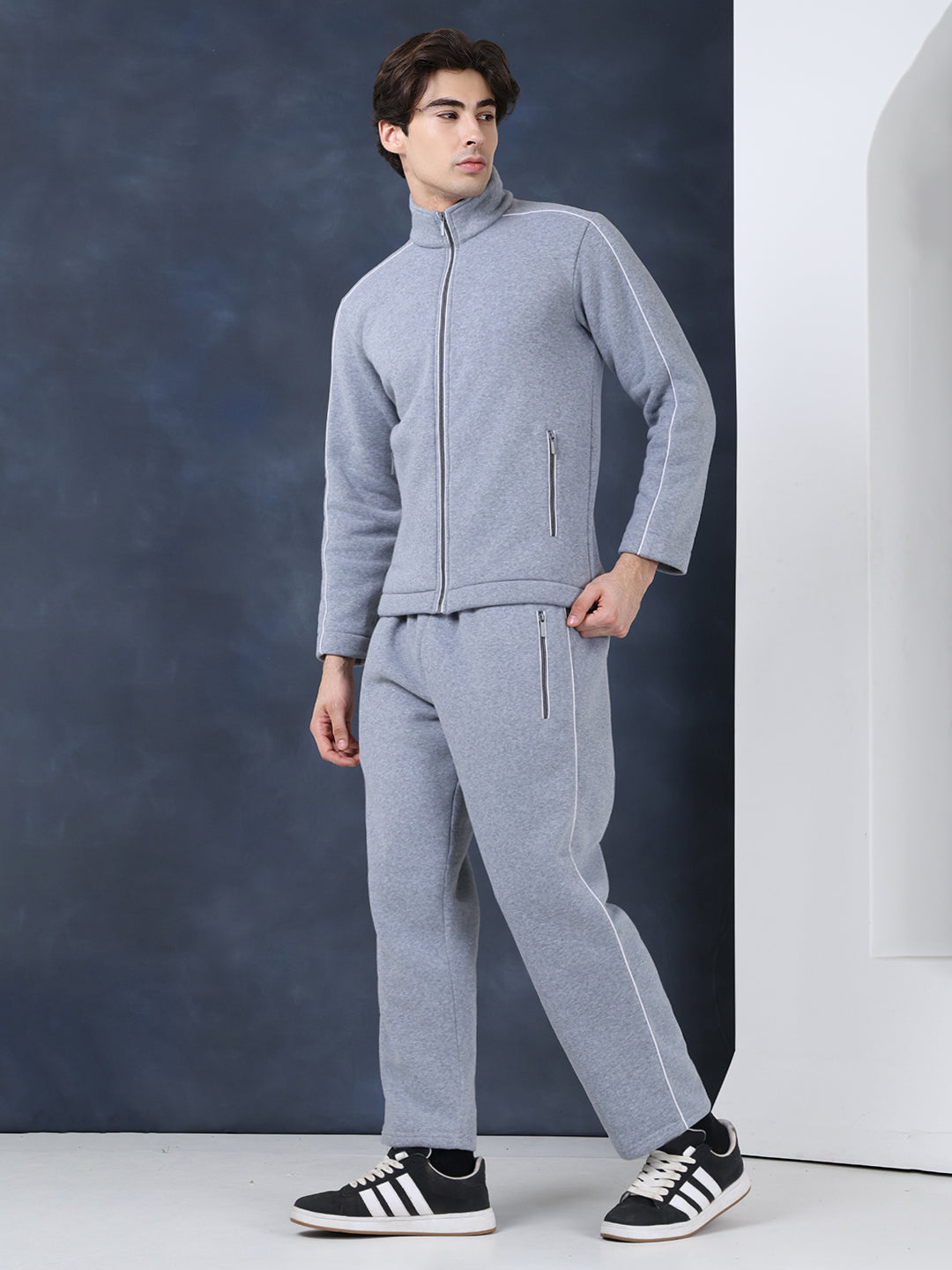 Men's Grey White Heavy Fleece Winter Tracksuit