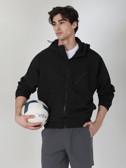 Men Winter Sports Oversized Windcheater Hooded Jacket Black