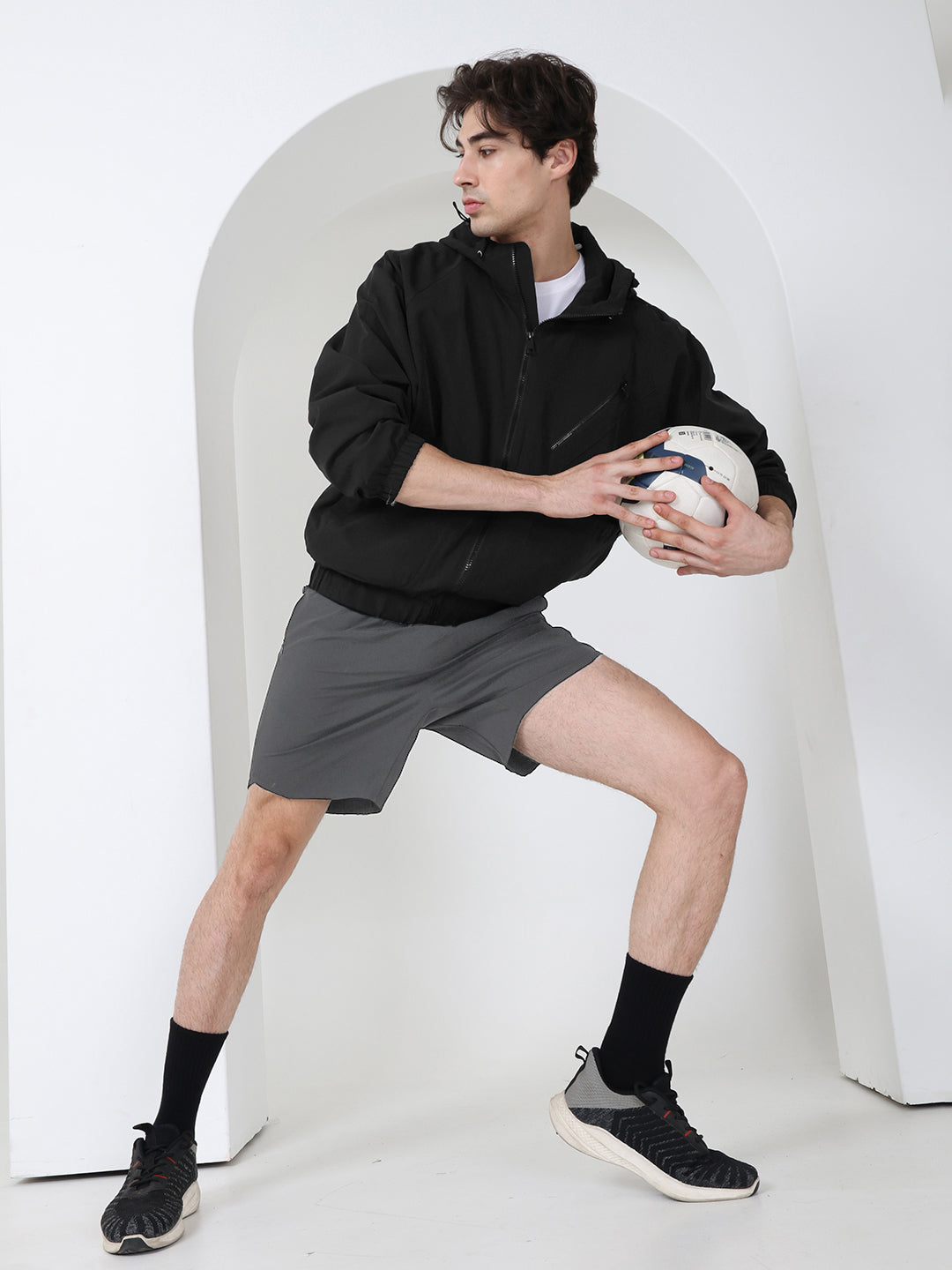 Men Winter Sports Oversized Windcheater Hooded Jacket Black