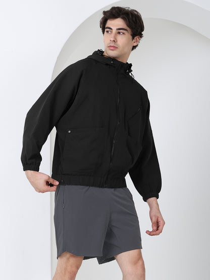 Men Winter Sports Oversized Windcheater Hooded Jacket Black