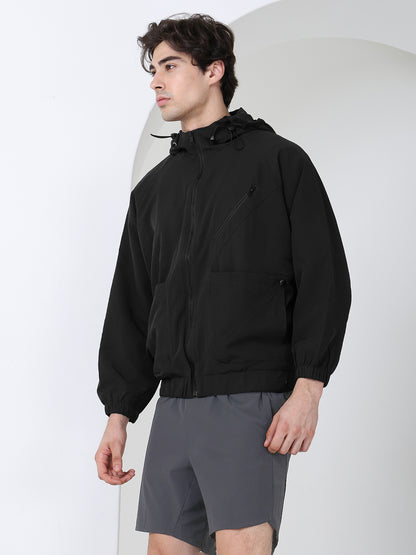Men Winter Sports Oversized Windcheater Hooded Jacket Black
