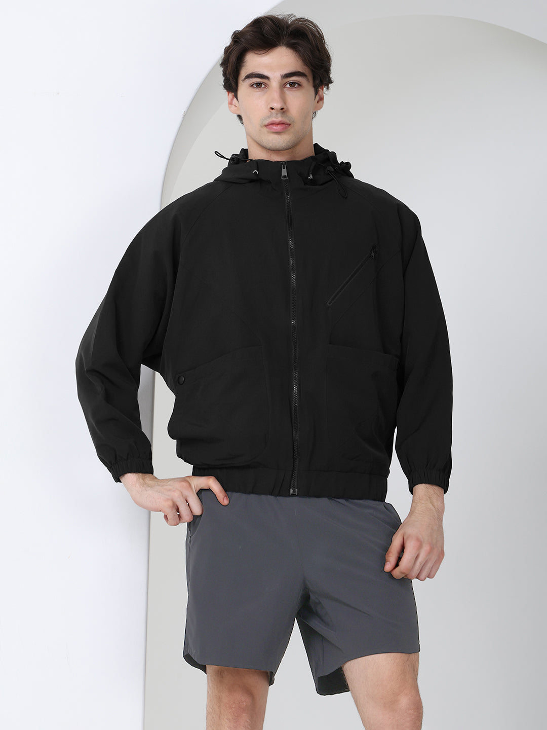 Men Winter Sports Oversized Windcheater Hooded Jacket Black