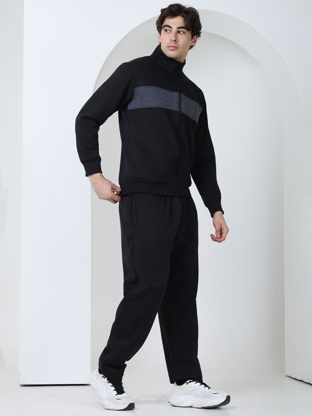 Black Grey Heavy Fleece Winter Tracksuit Men