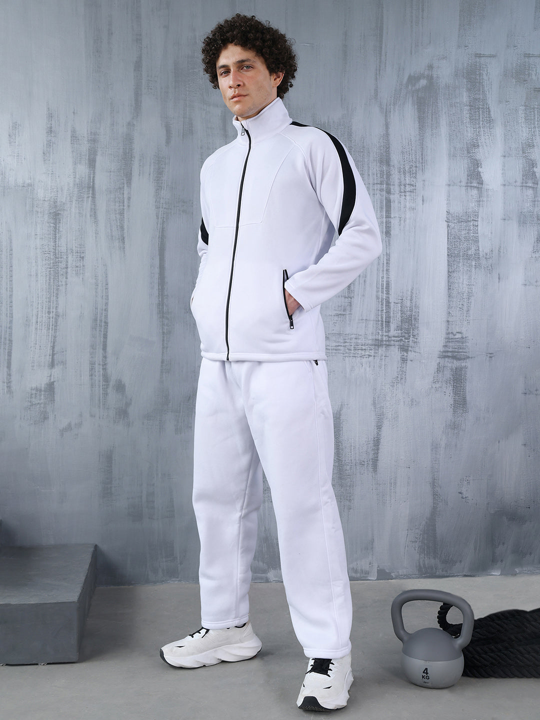 Men White Black Full Zipper Winter Tracksuit