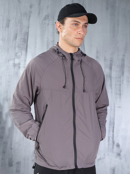 Men Grey Hooded Windcheater Oversized Sports Jacket