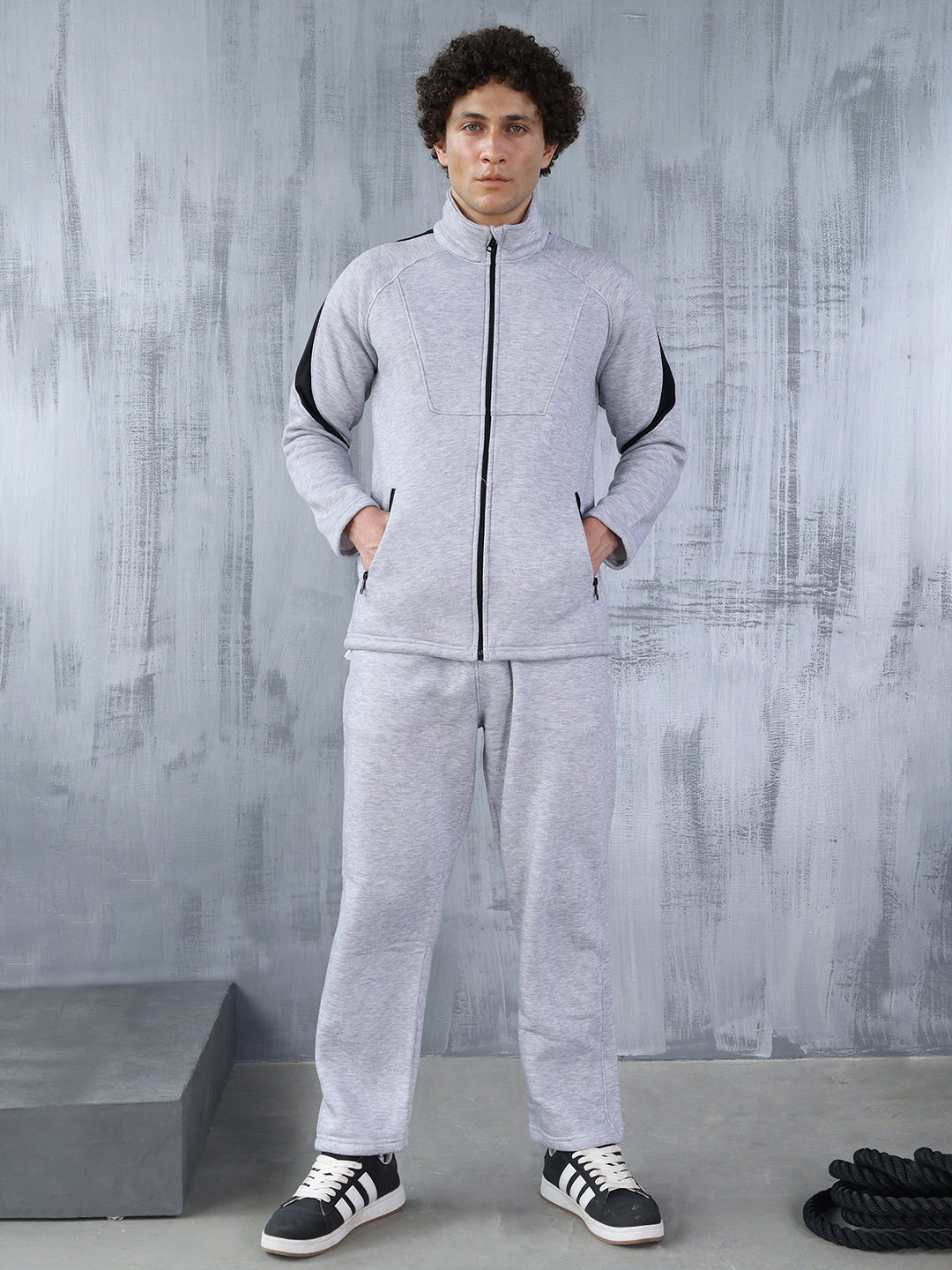 Men Grey Black Full Zipper Winter Tracksuit