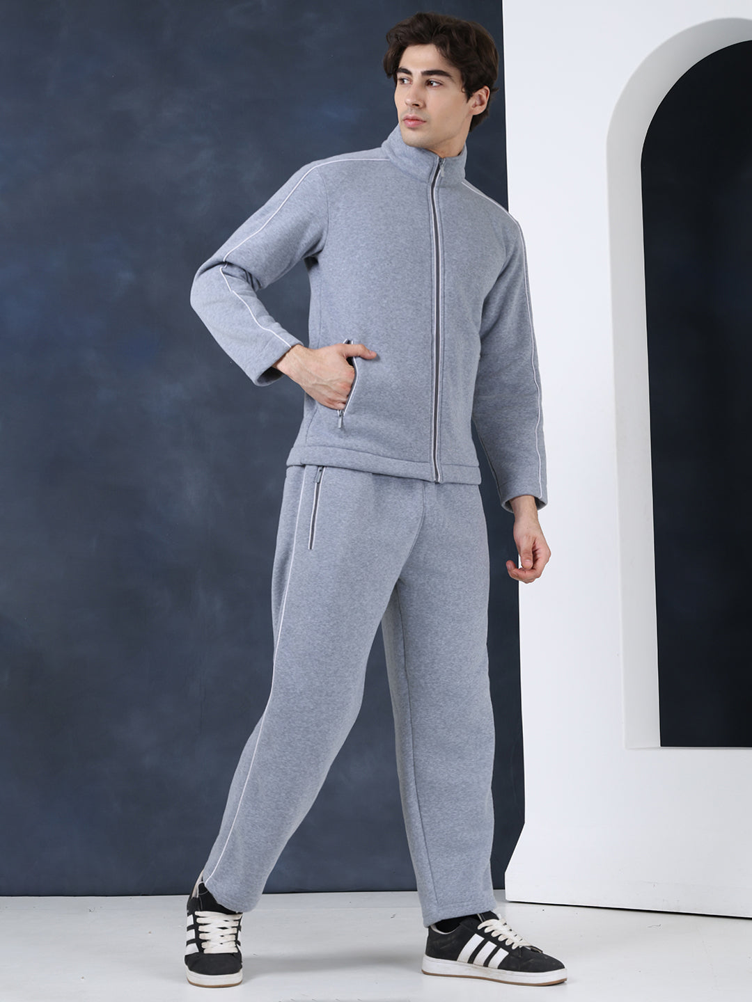 Men's Grey White Heavy Fleece Winter Tracksuit