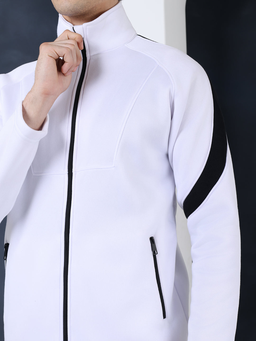 Men White Black Full Zipper Winter Tracksuit