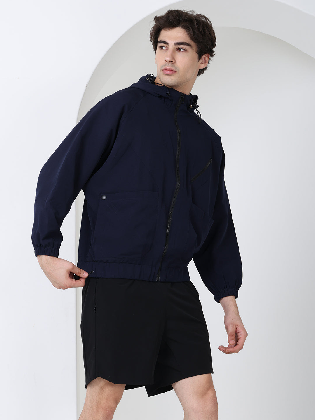 Men Winter Sports Oversized Windcheater Hooded Jacket Navy