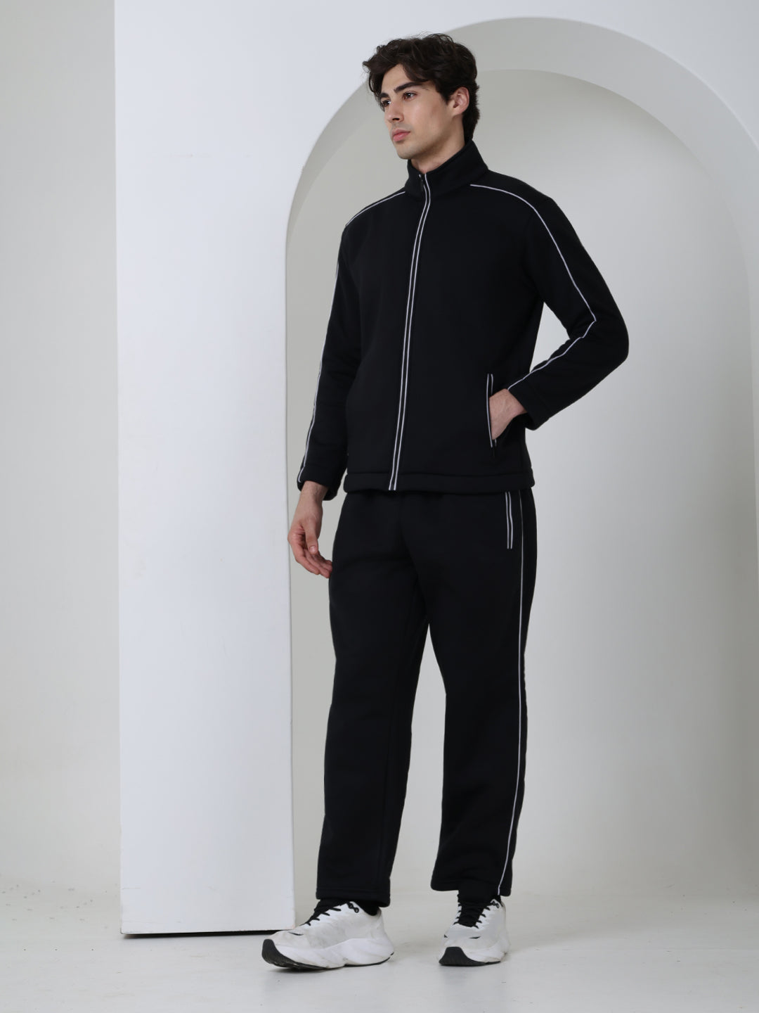 Men's Black White Heavy Fleece Winter Tracksuit