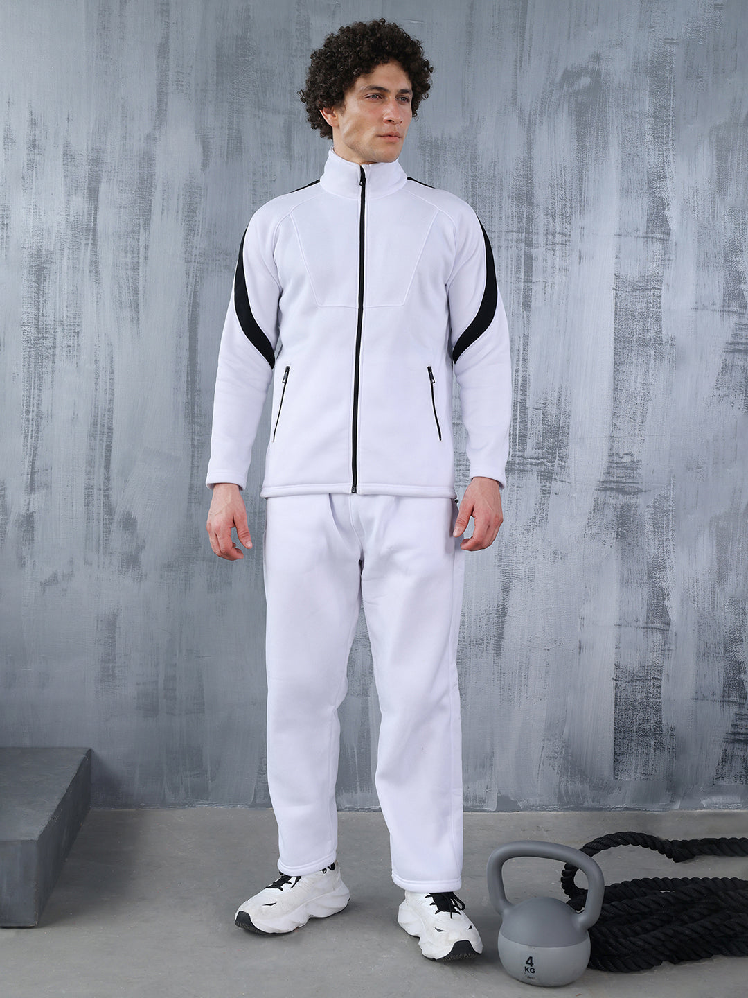 Men White Black Full Zipper Winter Tracksuit