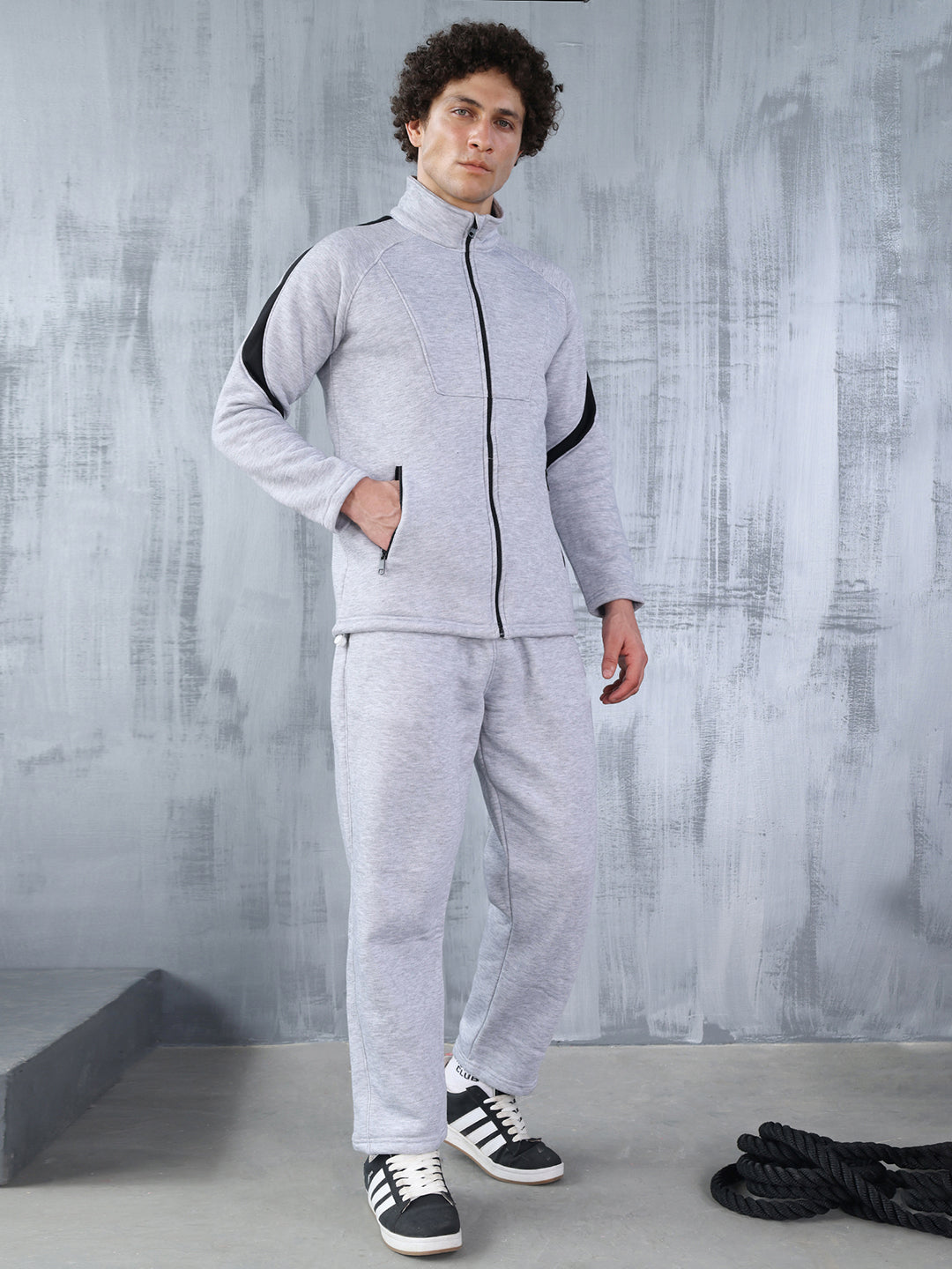 Men Grey Black Full Zipper Winter Tracksuit
