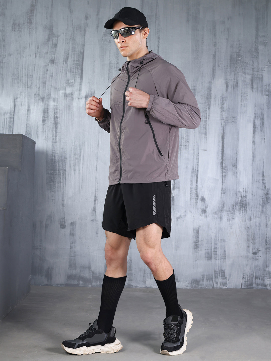 Men Grey Hooded Windcheater Oversized Sports Jacket