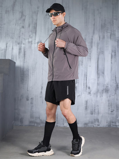 Men Grey Hooded Windcheater Oversized Sports Jacket